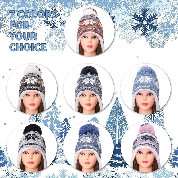 Women Dark Blue Pompom Long Ear Straps Beanie Warm Fleece Lined Ski Hats Cap main image 6